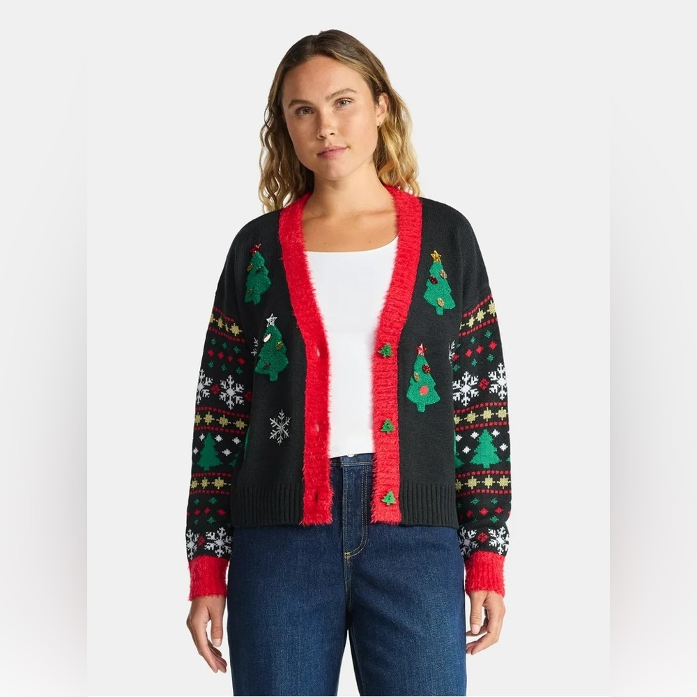 Holiday Time Women's Embellished Button Front Christmas Cardigan NWT